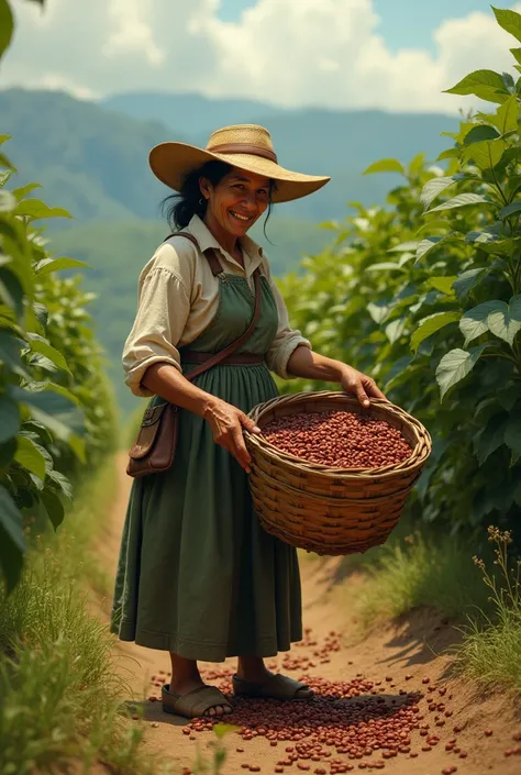 Peasant woman collects coffee with her animated basket 
