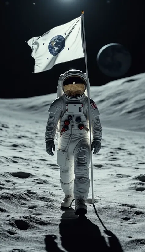  Astronaut walking face to face on the moon with a flag where he is "follow Moilomano music " 