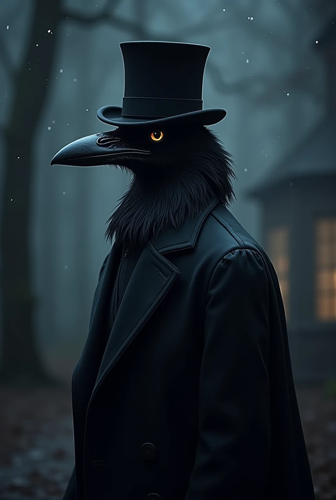 Crow with black overcoat and black top hat on head at night 