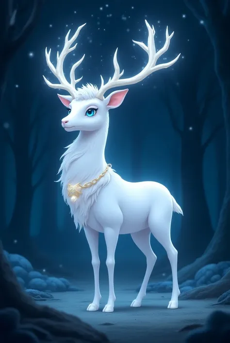  The deer in the image has the following physical characteristics :
 
- Color: It is completely white,  with a long and abundant coat that seems soft and silky .  Y has blue star-shaped spots 
- Horns :  It has large and elaborate horns ,  with a branched ...