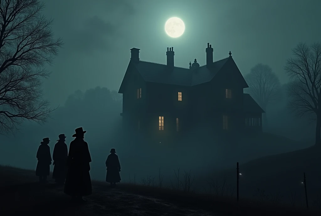  characters:  Silhouettes of villagers in the distance watching the house with expressions of fear or concern.  
Description:  The Alabaster House shrouded in a dark and intangible shadow ,  that extends like a black cloak around the mansion .  
Era: Late ...