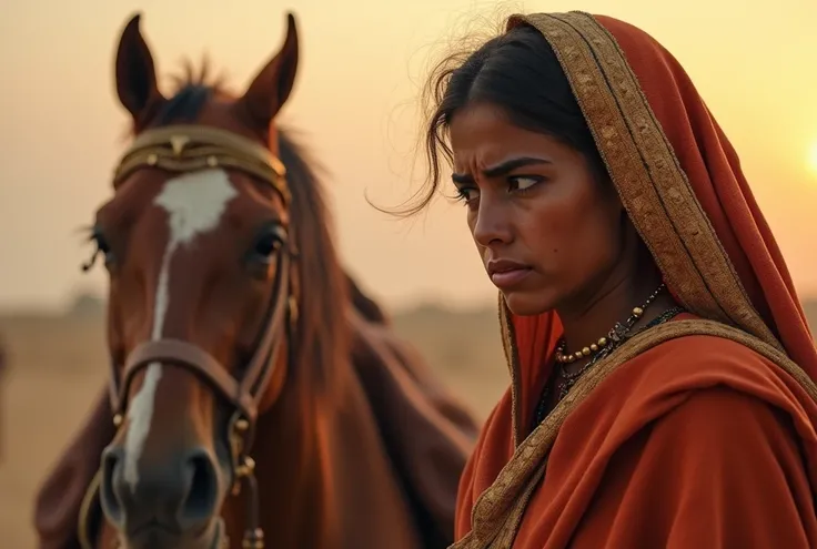 Create a visual representation of an Egyptian woman standing on a horse with her son, also an Egyptian,  displaying deep sadness on their faces .  The scene should be set with the woman and  crying ,  while a 70-year-old Hebrew couple in the background is ...