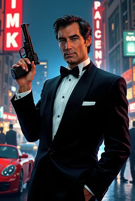 ((masterpiece)) ((photography)) ((Highest quality))  a cinematic illustration of Timothy Dalton as James Bond. Focus on a sharp, intense look, capturing his 1980s elegance and charisma. He is wearing a classic black tuxedo with a bow tie, holding a Walther...