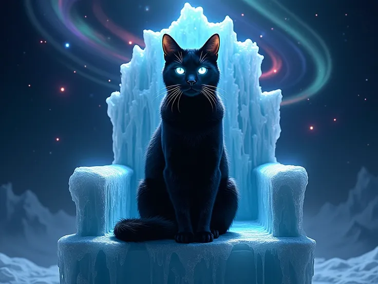  A black cat sitting on an icy throne , with eyes that reflect the universe ,  and a starry sky that mixes with Northern Lights".