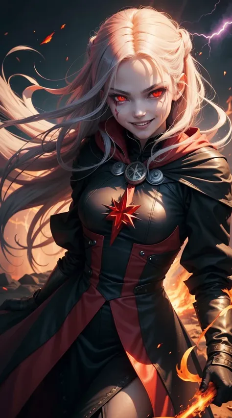 1girl, flying hair, red eyes, fire witch, blood on face, light particles, lightning rays, wallpaper, colorful, high contrast, vampire, smirk, evil smile, psychopathic smirk, psychopathic smile, tilted head