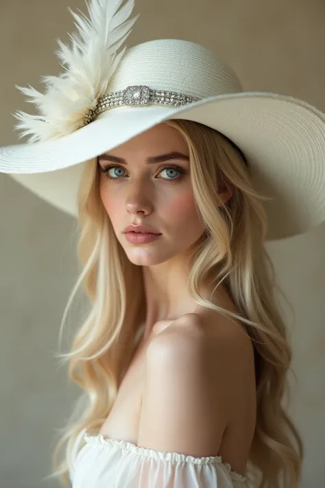 a portrait of a young woman with blonde hair and blue eyes. She is wearing a large white hat with a feather on top. The hat is tilted slightly to the side and has a silver buckle on the side. The woman is looking directly at the camera with a serious expre...