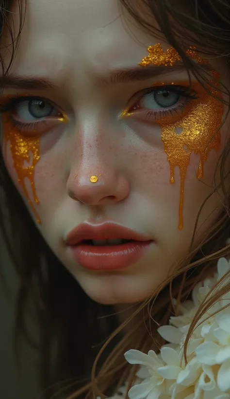 Goddess Freya with tears of gold and amber face in front of sad hyper realistic