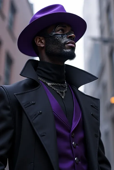 Make a black & asain man. His face is covered with a cool tech mask & wears a purple Fedora. His Clothes are villianish and wears a vampire coat with a popped collar, under the coat is a  dark purple vest & Has an arm with Nano technology covered it. he is...