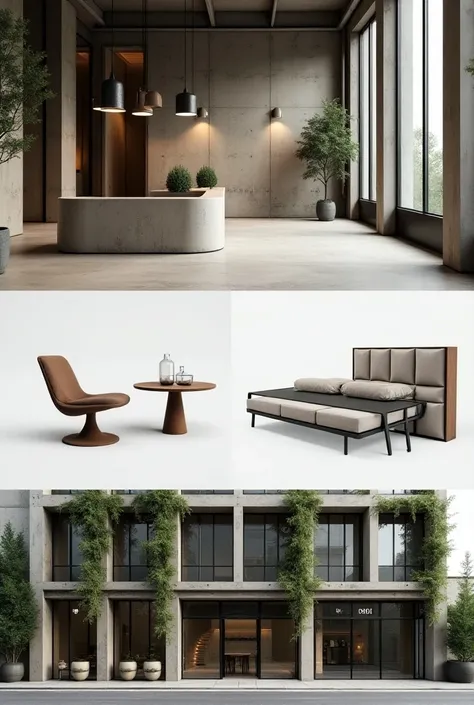 Three separate visuals for a boutique hotel in Paris with a raw industrial aesthetic, blending unfinished materials like concrete and exposed steel beams with touches of greenery. (1) A lobby design featuring rough concrete walls, visible steel girders, in...