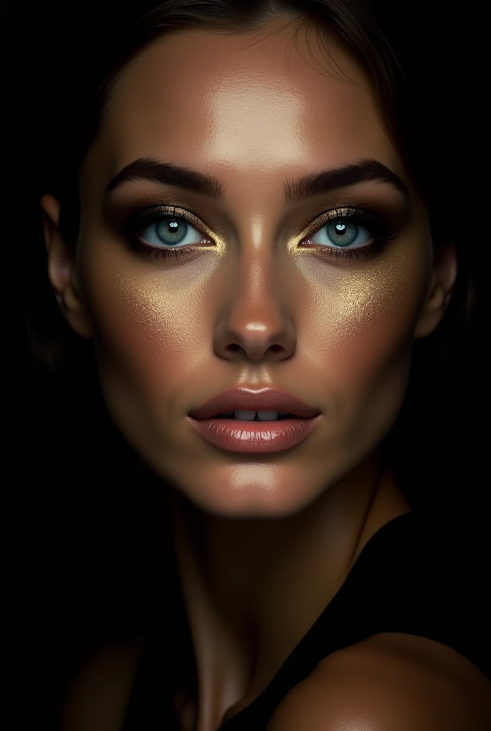 a close-up portrait of a womans face. the left side is in the dark and the right side is in the light.The womans eyes are blue and wild open  and her expression is peaceful and serene. Her lips are slightly parted, and her nose is slightly upturned. The ba...