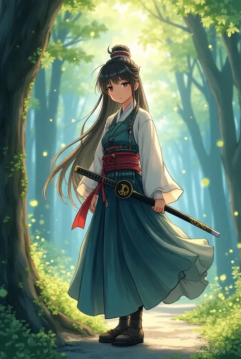 A realistic anime-style watercolor illustration of a young female samurai standing in a tranquil forest, looking at the viewer. Her long, flowing hair is tied in a traditional topknot, she is wearing intricately designed Japanese armor, her sword, ethereal...