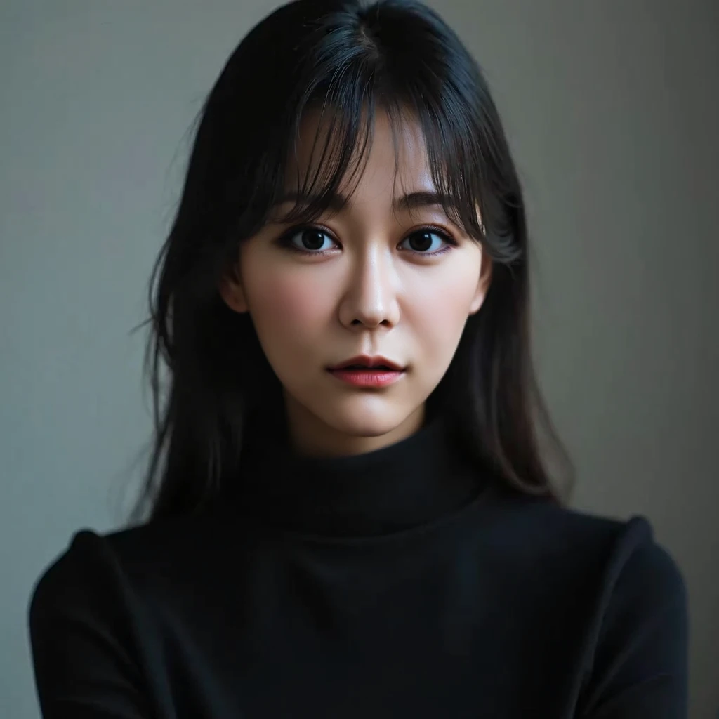 1girl, studio, headshot, medium shot, black turtleneck, black hair, long hair, straight hair, swept bangs, asian