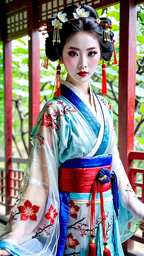 Chinese woman, tied up hair, translucent hanfu dress, huge tits, pale skin, big eyes, v-shape face, luscious lips, contour, geisha makeup