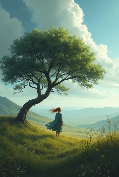 
A landscape with enough wind , with a tree and a human and make it a realistic photo