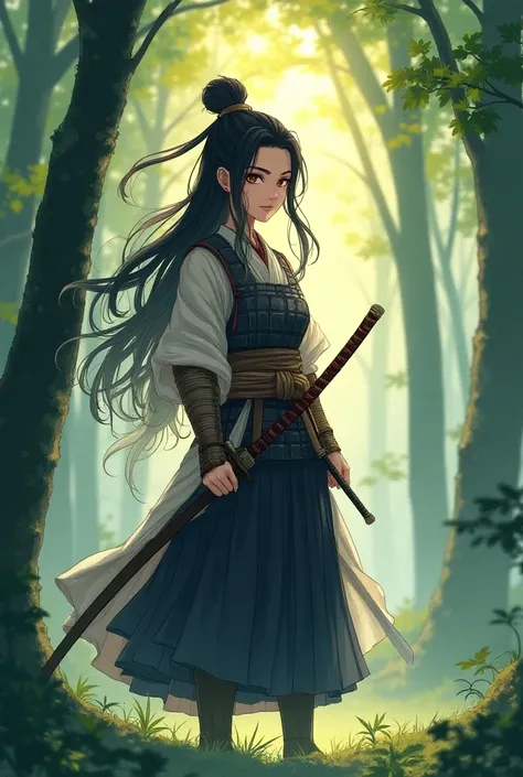 A young beautiful female samurai standing in a tranquil forest, looking at the viewer, a realistic anime-style watercolor illustration. Her long, flowing hair is tied in a traditional topknot, she is wearing intricately designed Japanese armor, a sword, an...