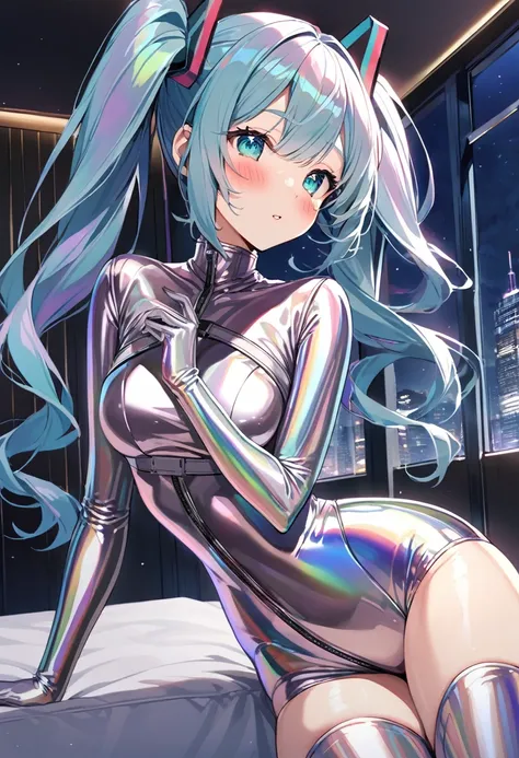 (hatsune miku:1.2), (metallic iridescent body suit, turtleneck, off shoulder, latex, highlegs, skin tight, tight:1.2), (body harness:1.4), (metallic iridescent long sleeves gloves, latex:1.4), (metallic iridescent knee high boots:1.4), (blush:1.4), (gleami...