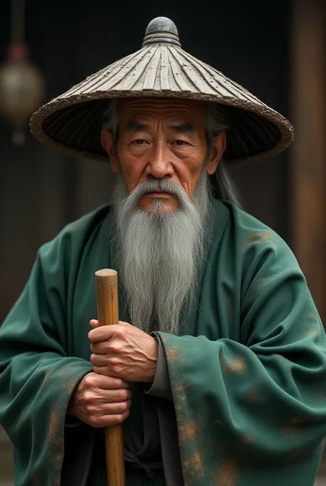 (photorealism:1.2), An old Chinese man, From ancient China ,  with a long smooth and gray beard , using an chinese hat,  he holds a wooden staff ,  he wears green clothes with dirty mud tips.