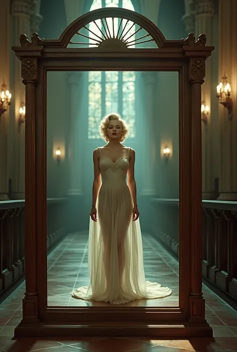  An image with a frame of a 60 ,  Marilyn Monroe inside a church ,  and on the top the  "New Gods "  television represented through super film productions and 20th Century Fox