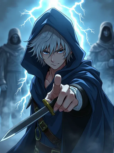 The protagonist, with white hair slightly tousled by the wind, has gray eyes that reflect a cold determination. His face is partially hidden beneath the hood of his cloak, leaving only his intense, penetrating gaze visible. In his right hand, he holds a da...