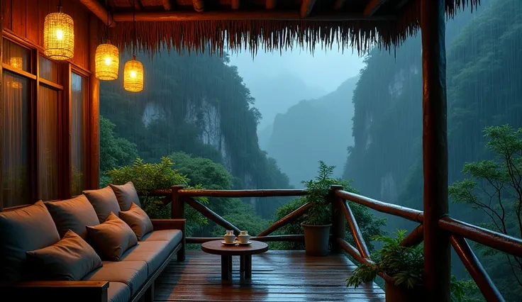 Serene wooden balcony with rustic bamboo railing overlooking lush green forest during heavy rain. The balcony is equipped with a long, comfortable sofa with large brown cushions, and a small round table that holds two cups of tea or coffee. The warm atmosp...