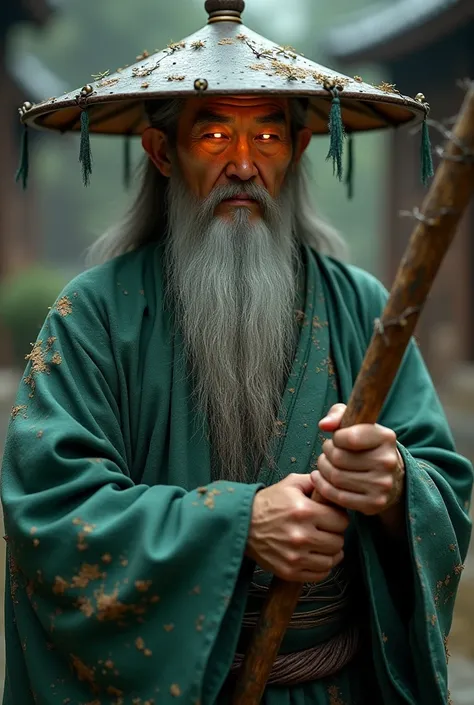 (photorealism:1.2), An old Chinese man, From ancient China ,  with a long smooth and gray beard , using an chinese hat,  he holds a wooden staff ,  he wears green clothes with dirty mud tips. Your eyes emit a magical glow that demonstrates arcane power.
