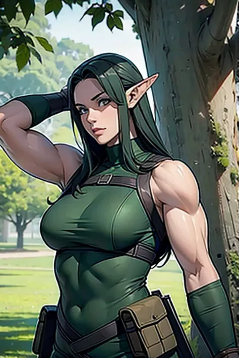 A beautiful ranger elf females, hunting her enemy, wearing ranger outfit, camouflage clothing, hiding in a shady bush, very muscular and ripped and lean body, highly detailled, best quality, masterpiece, 8k, sfw