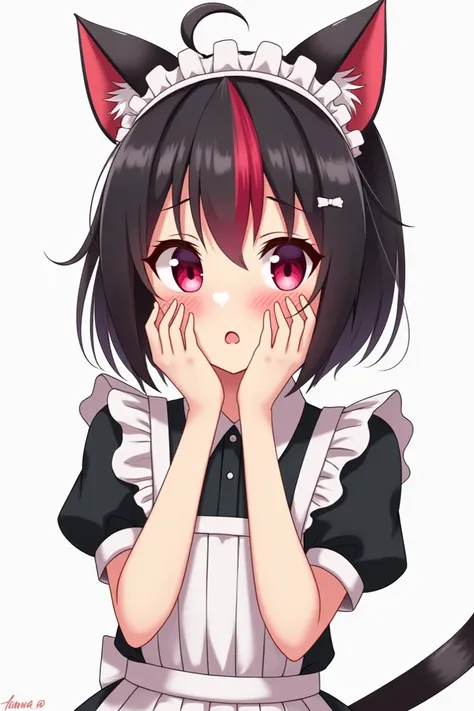 20 year old anime girl,  with short, straight black hair with a red tuft and that has two locks tied back, cat ears and tail, dark pink eyes ,That she is wearing a maid outfit and that she is blushing and with a nervous smile while holding her cheeks