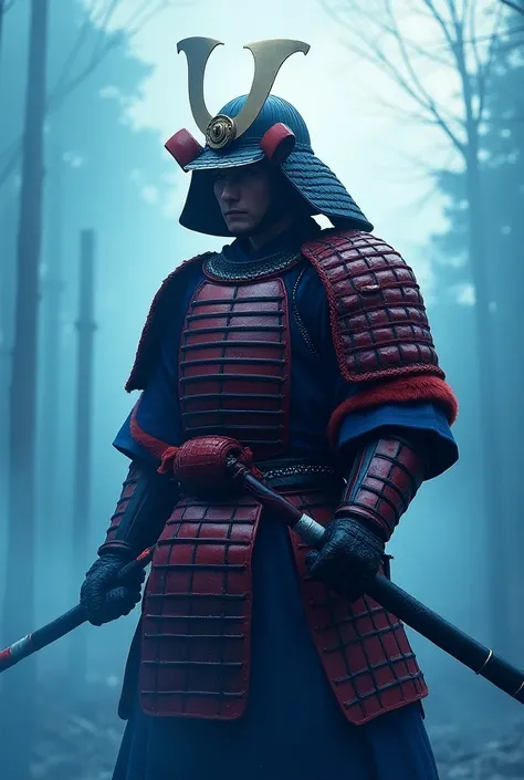 Create a iPhone wallpaper 4k with red and light blue of a japanese samurai