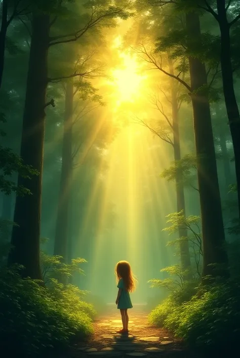 A girl draw a stunning high-definition sun shining through a dense forest, its golden rays breaking through the canopy of towering trees. The light scatters in radiant beams, illuminating the vibrant green leaves and casting soft, detailed shadows on the f...