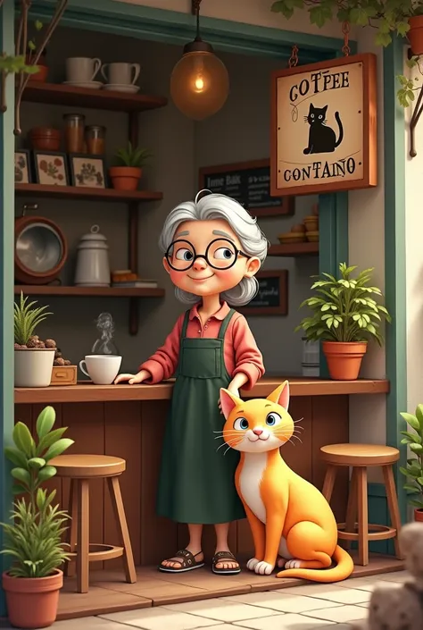  coffee shop grandma and signboard cat 　 beside grandma who runs a coffee shop、Cat sitting and watching 