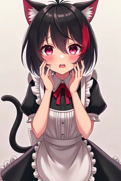 20 year old anime girl,  with short, straight black hair with a red tuft and that has two locks tied back, cat ears and tail, dark pink eyes ,That she is wearing a sexy maid outfit and that she is blushing and with a nervous smile while holding her cheeks