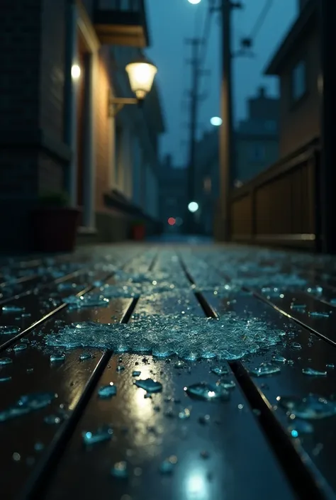 Close-up photograph of shattered glass on a polished wooden floor, reflecting dim light from a nearby streetlamp. The scene should convey a sense of urgency and mystery, with dark shadows creeping in from the edges. High detail, photorealistic, 8k resoluti...