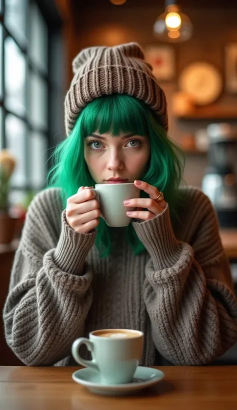 Raw photo,  1 woman, solo, Coffee shop, green hair, beanie, sweater, jeans, sitting on chair, dynamic pose, indoors, 