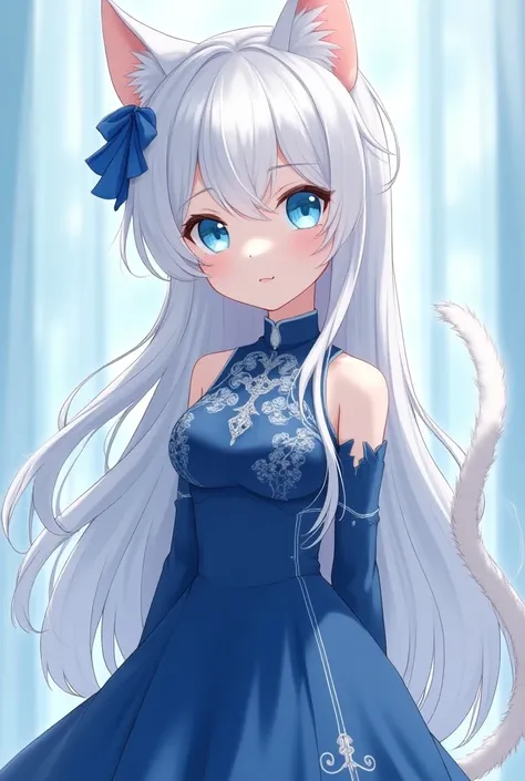  A young demi-human cat  ( in anime style) } with features that resemble a white-haired feline . she is about 1,65 meters high,  an average height that shows her feline grace .  Her skin is clear and contrasts with the soft shine of her long white hair tha...