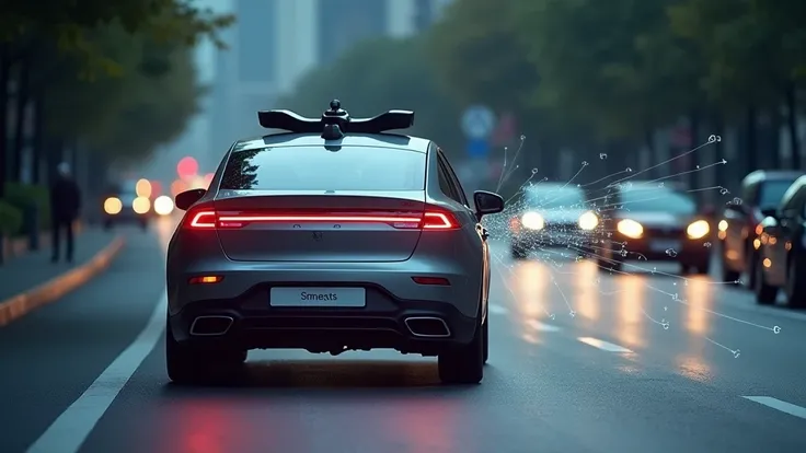 A dramatic scene of an autonomous car detecting and avoiding a sudden obstacle on the road, such as a pedestrian or another vehicle. The cars glowing sensors and an overlay of AI decision-making visuals (like scanning beams) highlight its quick reaction. T...