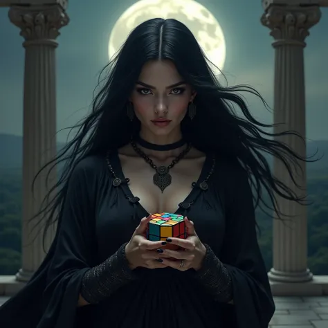 Make a black-haired Greek goddess ,  dressed in black with black eyes and who holds a 3x3 rubiks cube in her hands