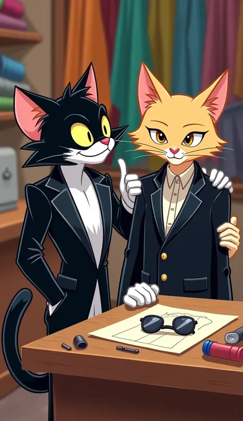 Inside a cozy cartoon-style tailor shop, a mischievous black-and-white tomcat named Tommy Tuxedo leans casually against a counter. He has a sly grin, one ear slightly folded, and bright yellow eyes that glint with playful energy. Tommy wears a cool, rebell...