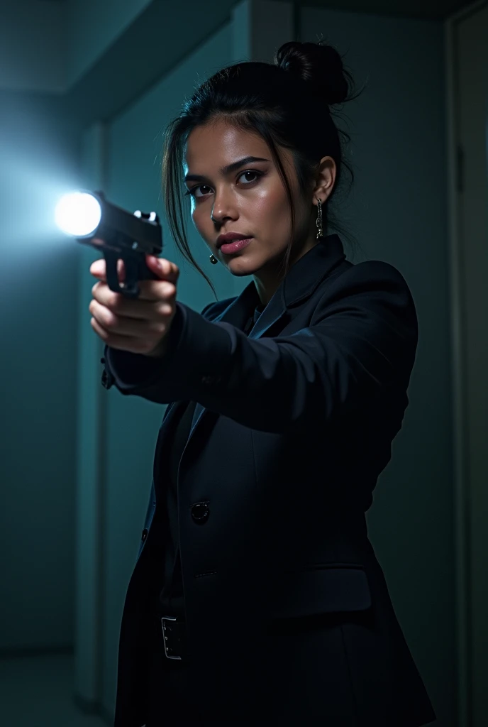 Detective Olivia Reyes stands in a combat stance, her service pistol raised in her right hand with practiced precision. Her left hand holds a flashlight that casts ethereal shadows across her sharp features. Her dark hair is pulled back in a practical bun,...