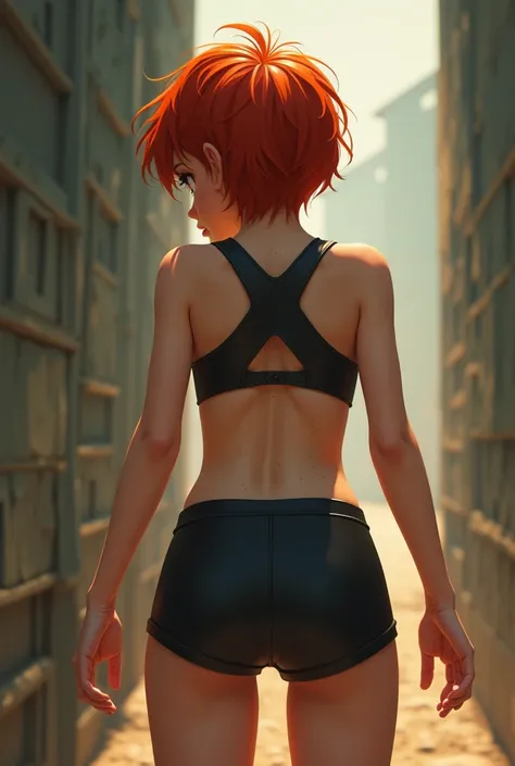 redhead skinny teenage girl with extremely short hair with freckles with wide open eyes and raised eyebrows, in sport latex shorts, bends over, startled, view from behind