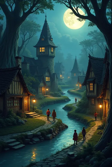 Create a village in the middle of the forest on the banks of a dark river

Create it yourself with an expression of doubt