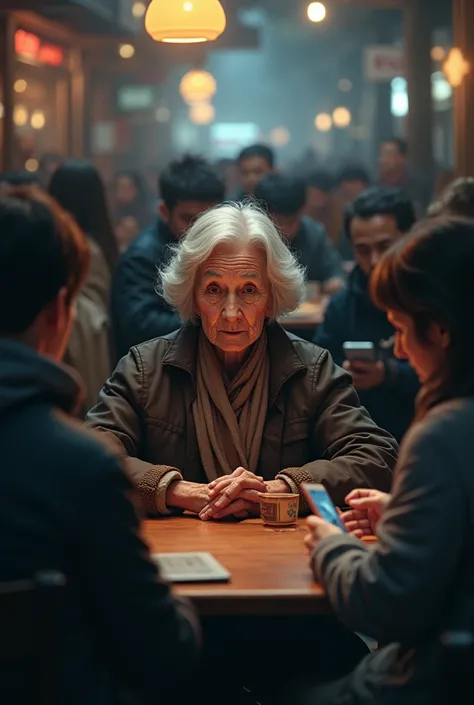 An elderly white-haired lady sits at a table while people around her touch their cellphones 