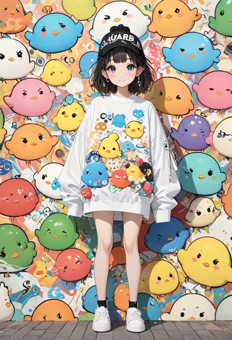 Ultra-realistic 森倉円 style, Simple line acronym abstract art, Cute design, (((Background is discarded))), Street Style, Cute Amoeba, cute chicks