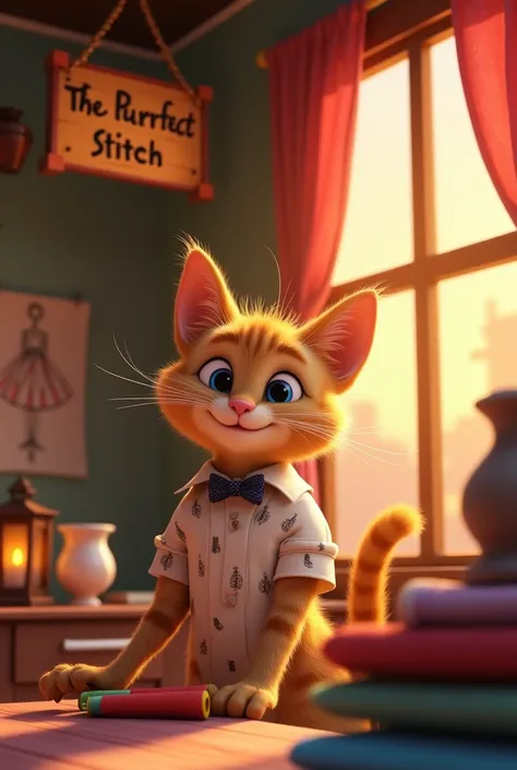 Create a peaceful 3D animated evening scene in Purrsville as the sun sets, casting warm golden light over the cozy tailor shop, The Purrfect Stitch. The wooden sign gently swings above the door. Inside, Mr. Whiskerford, the beige-furred tailor cat, is orga...