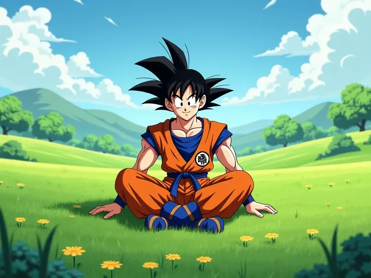 best quality, goku, dragon ball z, anime, goku relaxing on a green lawn, green fields background, happy expression