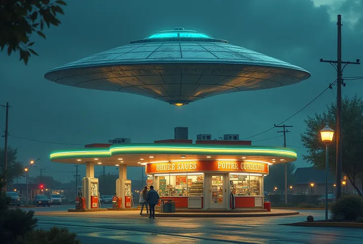 Flying Saucer UFO, above convenience store in gas station, 