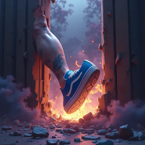  I need an image of a foot with blue sneakers kicking a door and breaking,  the door has to be all shattered and broken , The focus is the foot in the door , But I want the leg to be without pants and to be tattooed the scenery has to be kind of magical an...