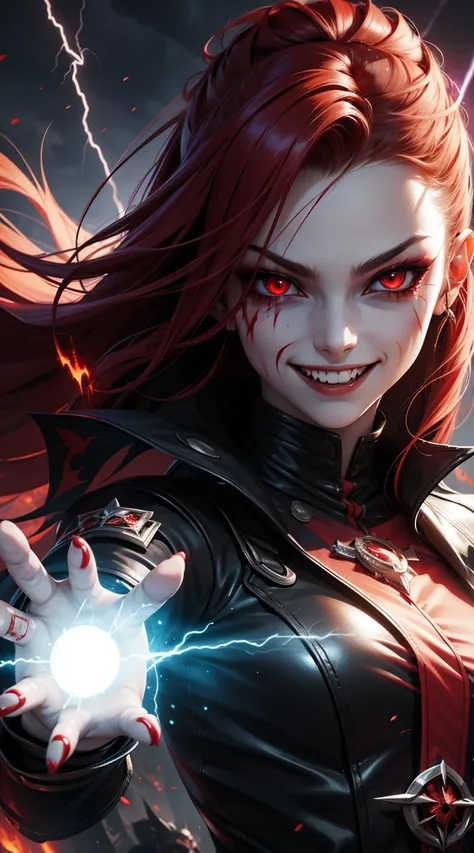 1girl, flying hair, red eyes, fire witch, blood on face, light particles, lightning rays, wallpaper, colorful, high contrast, vampire, smirk, evil smile, psychopathic smirk, psychopathic smile, tilted head