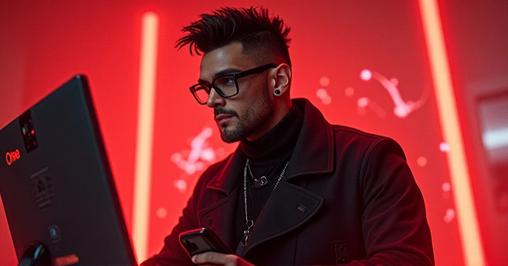  a 32-year-old man, Red Witch , in a black coat, moreno,  phone with hair machine 1 , with glasses,  holding a computer and holding an Android,  an Android .  And with the witch written Pabllo .