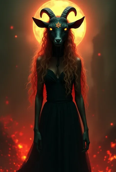 Black goat red eyes fiery pentagram on forehead with small blue eyes long curly blond hair white dress and other green eyes long red hair black evening dress 