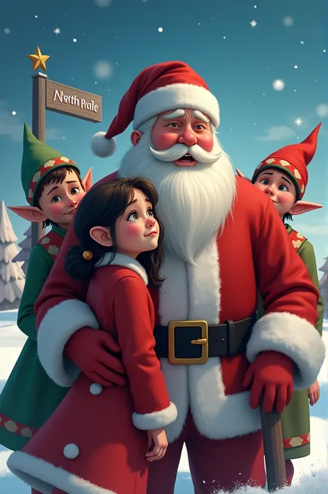 A brunette  girl standing next to Santa, Three elves and sobs on north pole